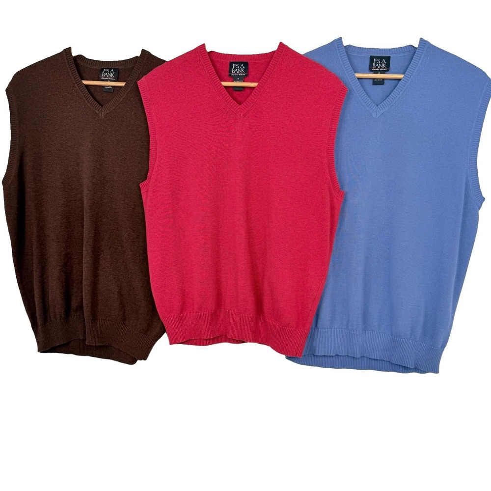 Jos A Bank Signature V-Neck Sweater Vest M Brown Red Blue 100% PIMA COTTON Lot 3